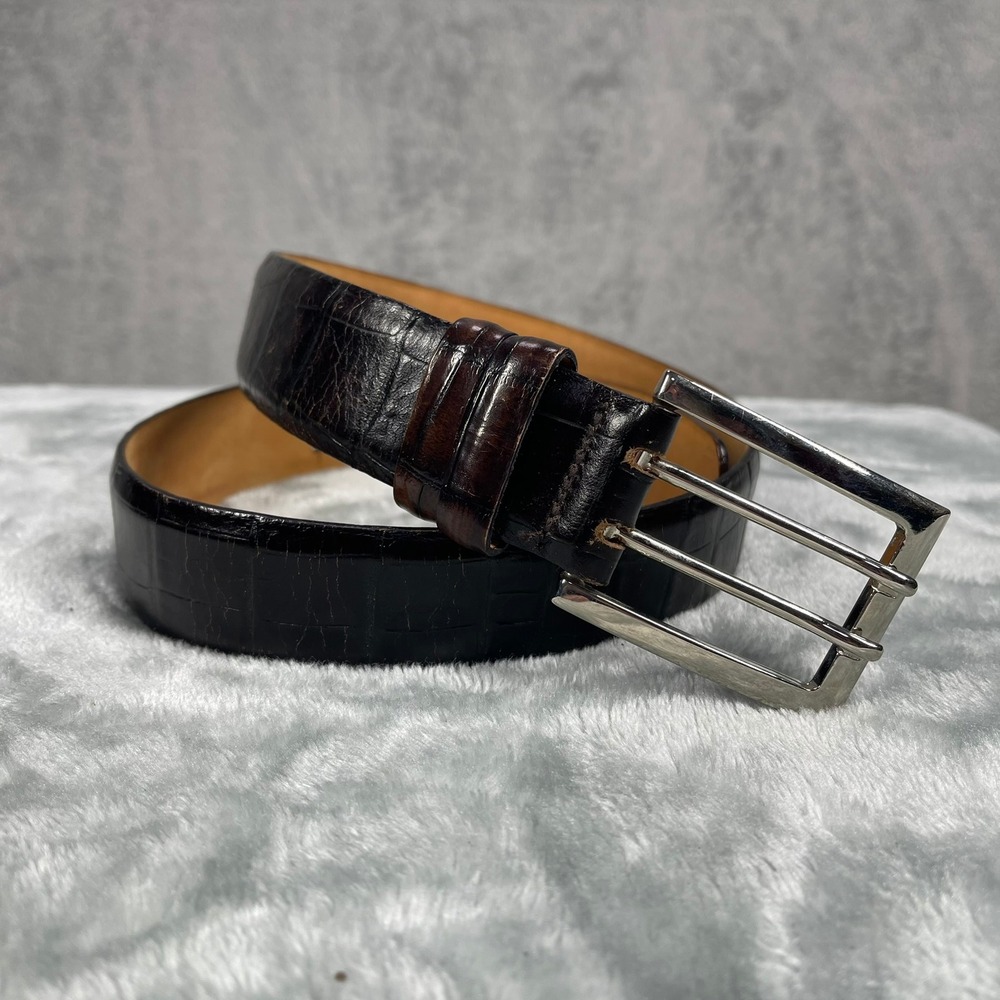 Harold Powell Belt Mens M Brown Croc Embossed Leather Double Prong Italy